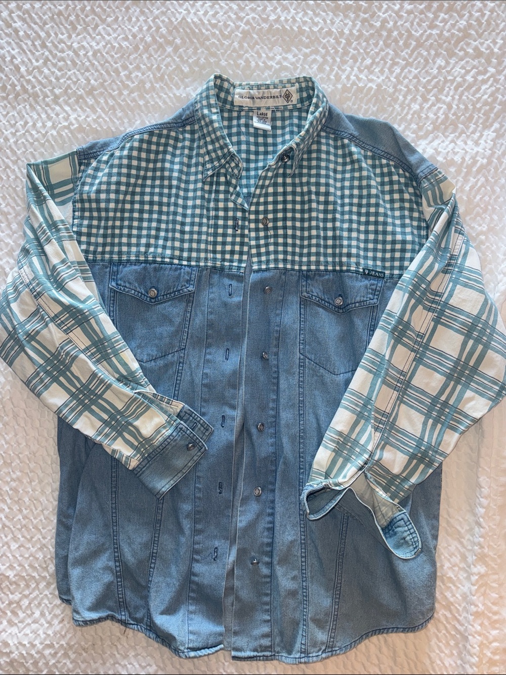 Vintage Gloria Vanderbilt Teal Plaid and Light Blue Denim Button-Up Jacket Large